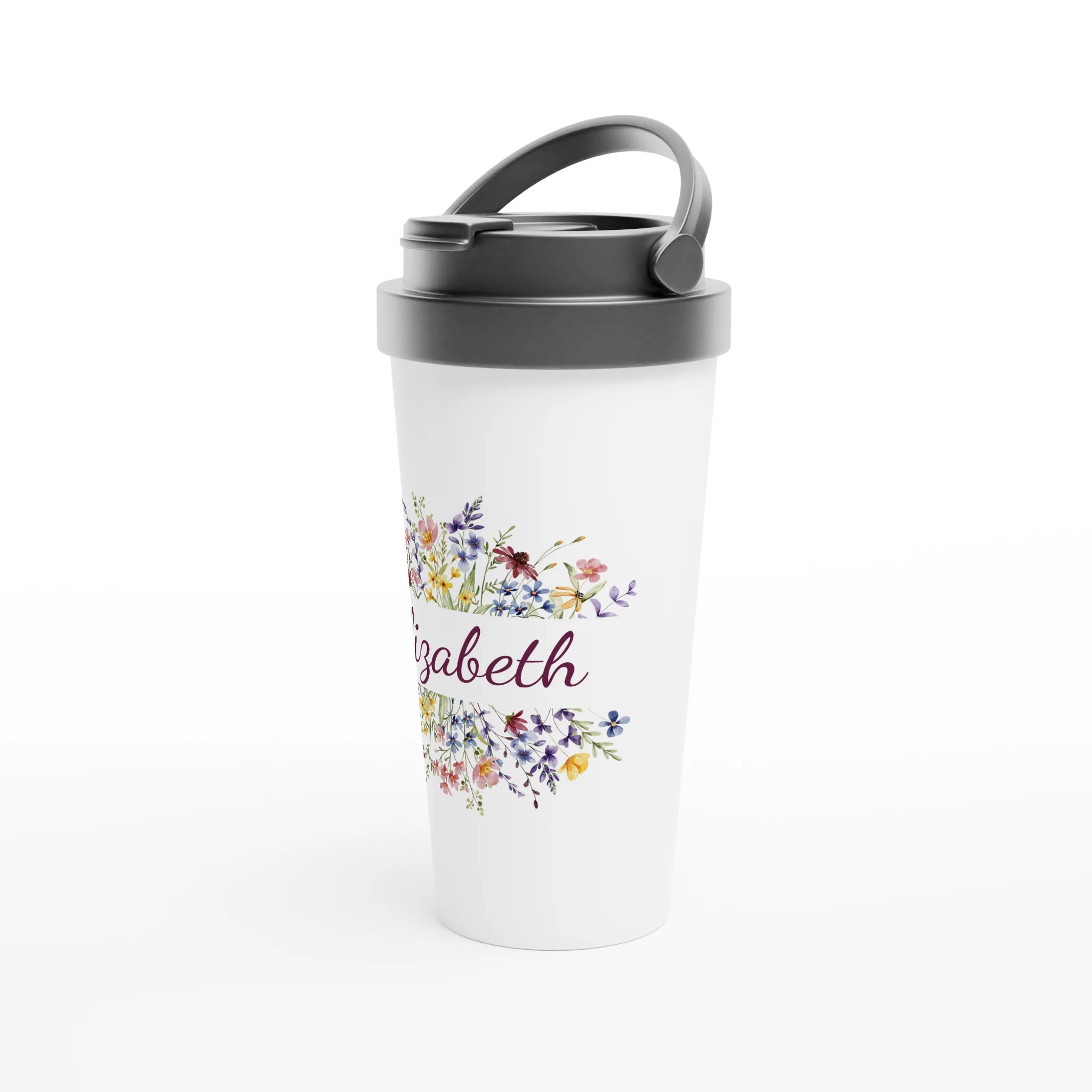 Personalise - Flower Frame Name - White 15oz Stainless Steel Travel Mug Personalised Travel Mug customise Globally Fulfilled Name personalise Plants