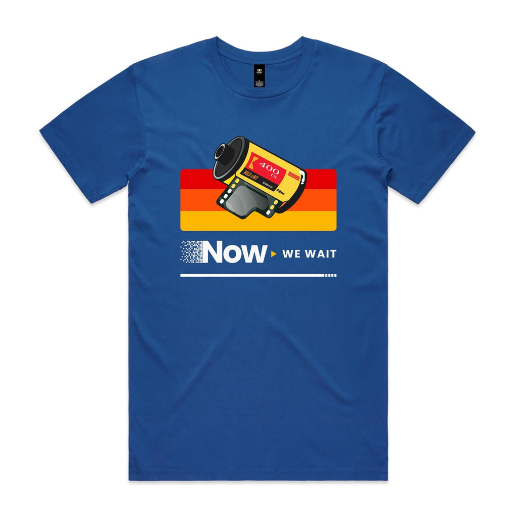 Camera Film, Now We Wait Men's AS Colour T-shirt Bright Royal Mens T-shirt Printed In Australia Retro