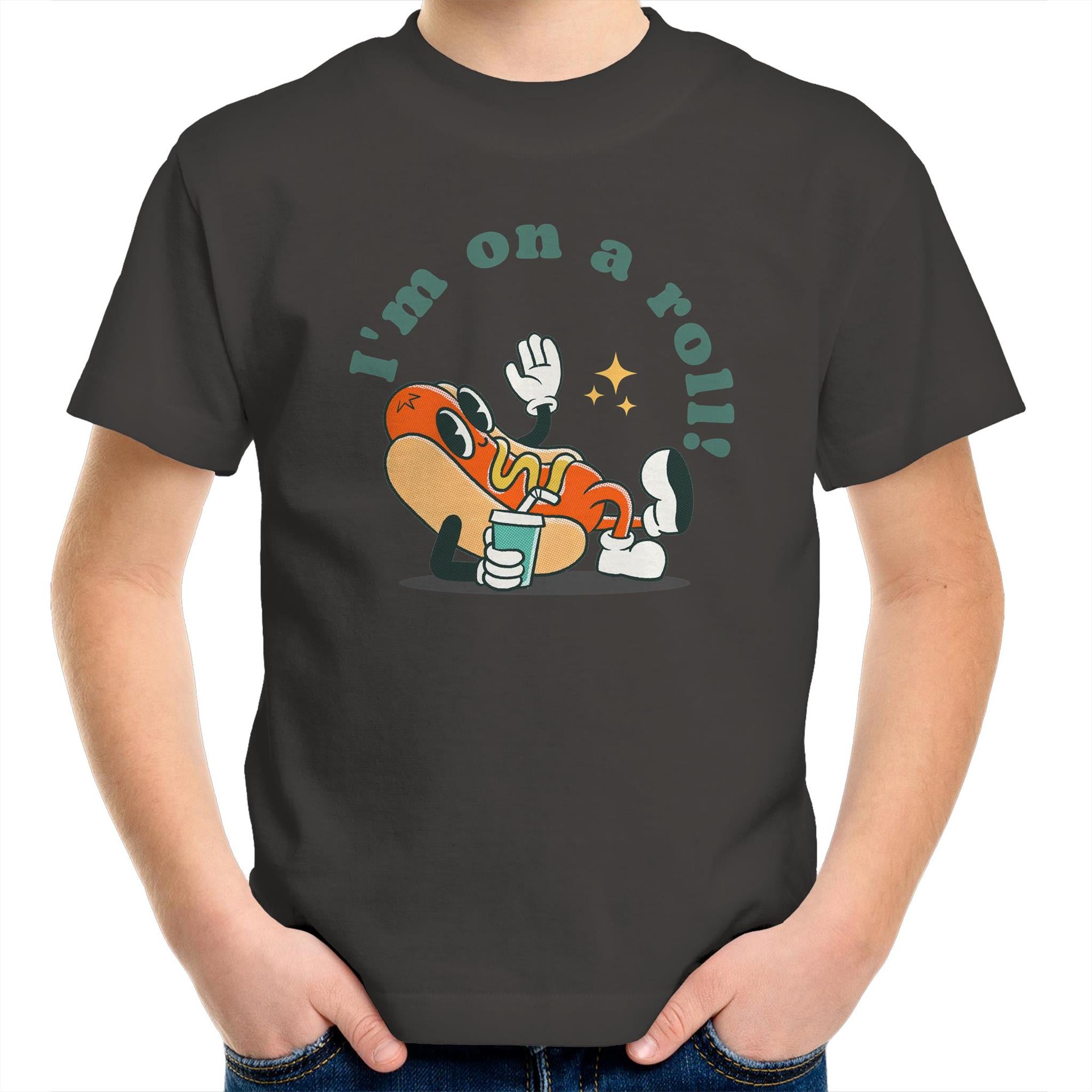 Hotdog, I'm On A Roll - Kids Youth T-Shirt Charcoal Kids Youth T-shirt Food Printed In Australia