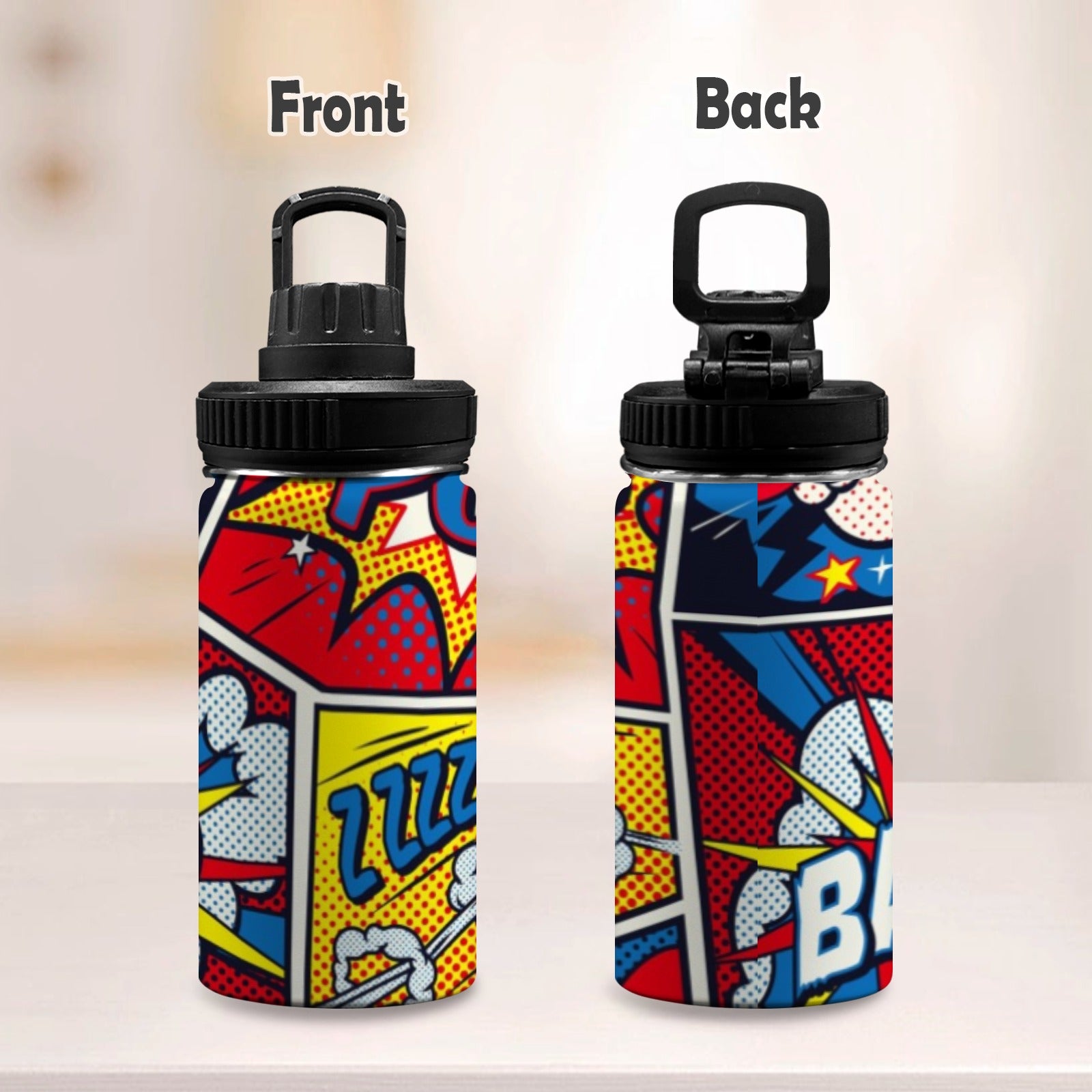 Comic Book Kids Water Bottle with Chug Lid (12 oz) Kids Water Bottle with Chug Lid comic Printed Offshore