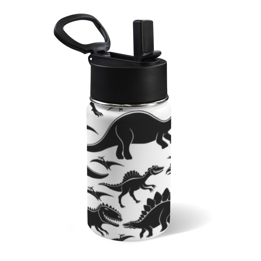 Black And White Dinosaurs 12oz Kids Water Bottle with Straw Lid