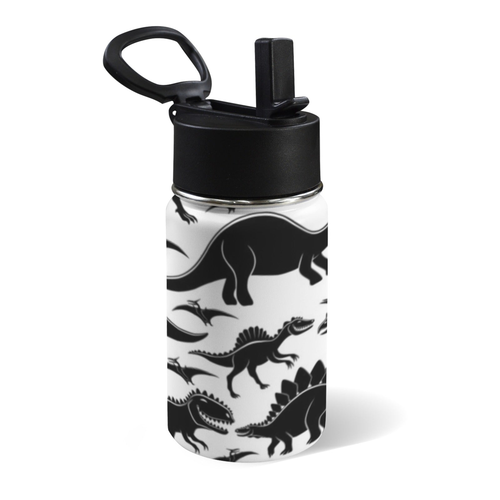 Black And White Dinosaurs 12oz Kids Water Bottle with Straw Lid