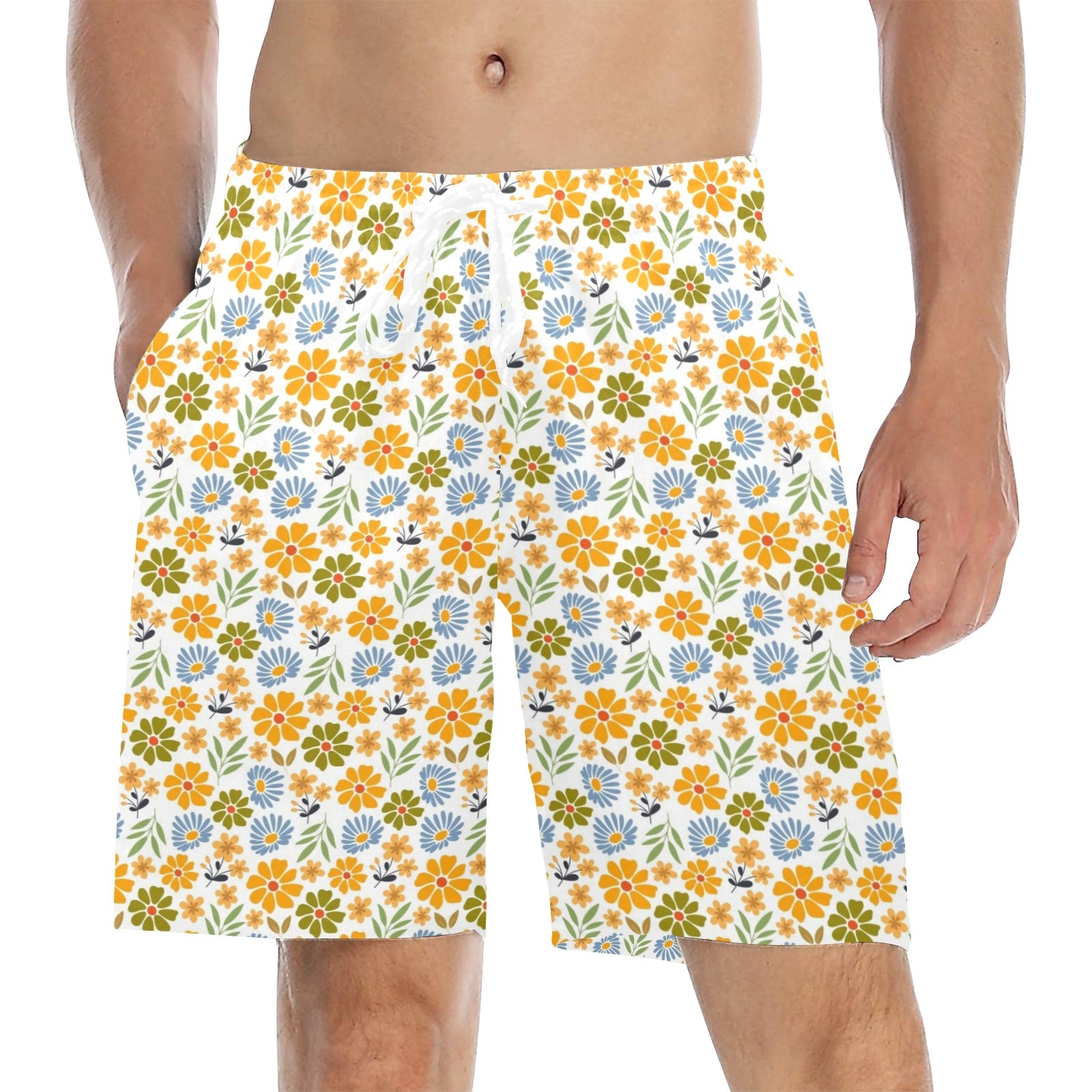 Retro Boho Flower Men's Mid-Length Beach Shorts 5XL Men's Mid-Length Beach Shorts Plants Printed Offshore