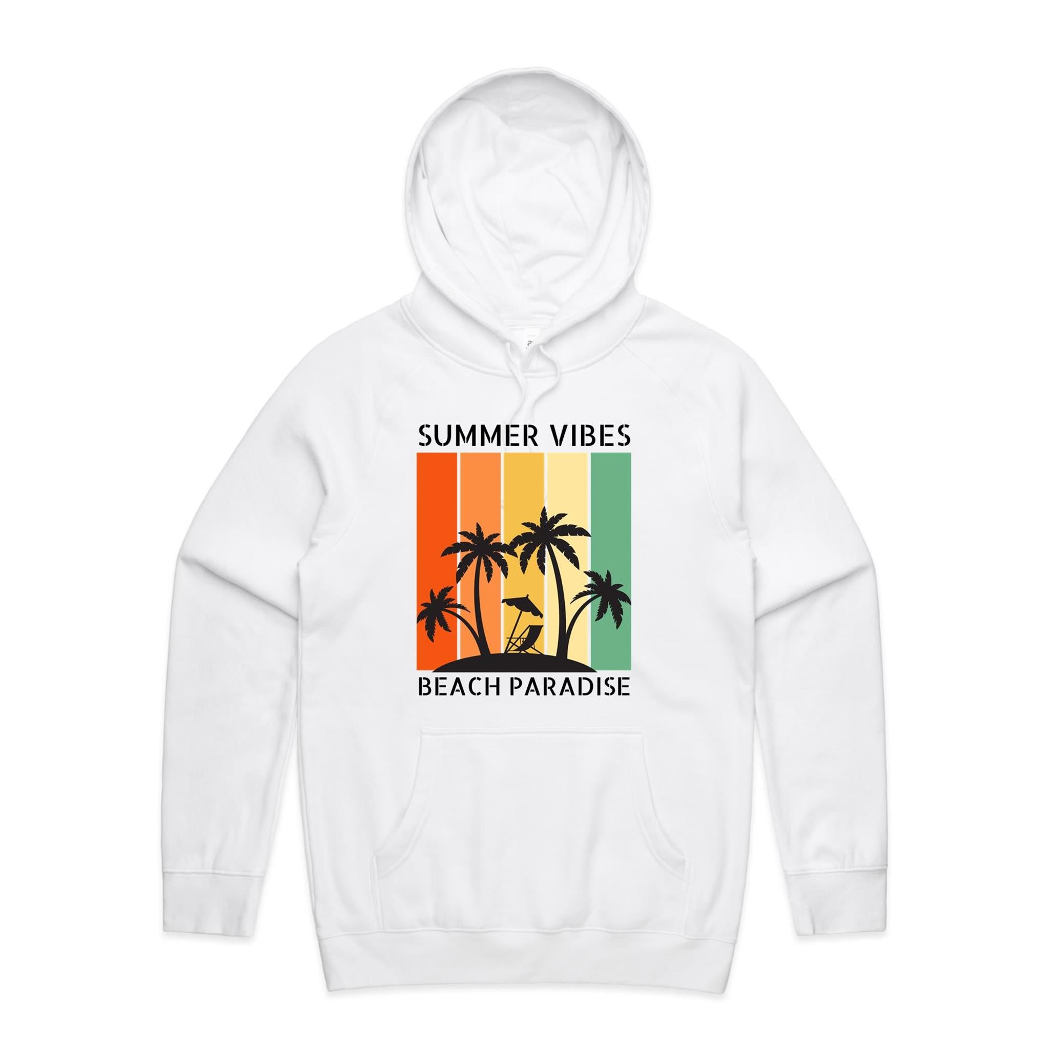 Summer Vibes, Beach Paradise - Mens Hoodie White Mens Hoodie Printed In Australia Summer Surf