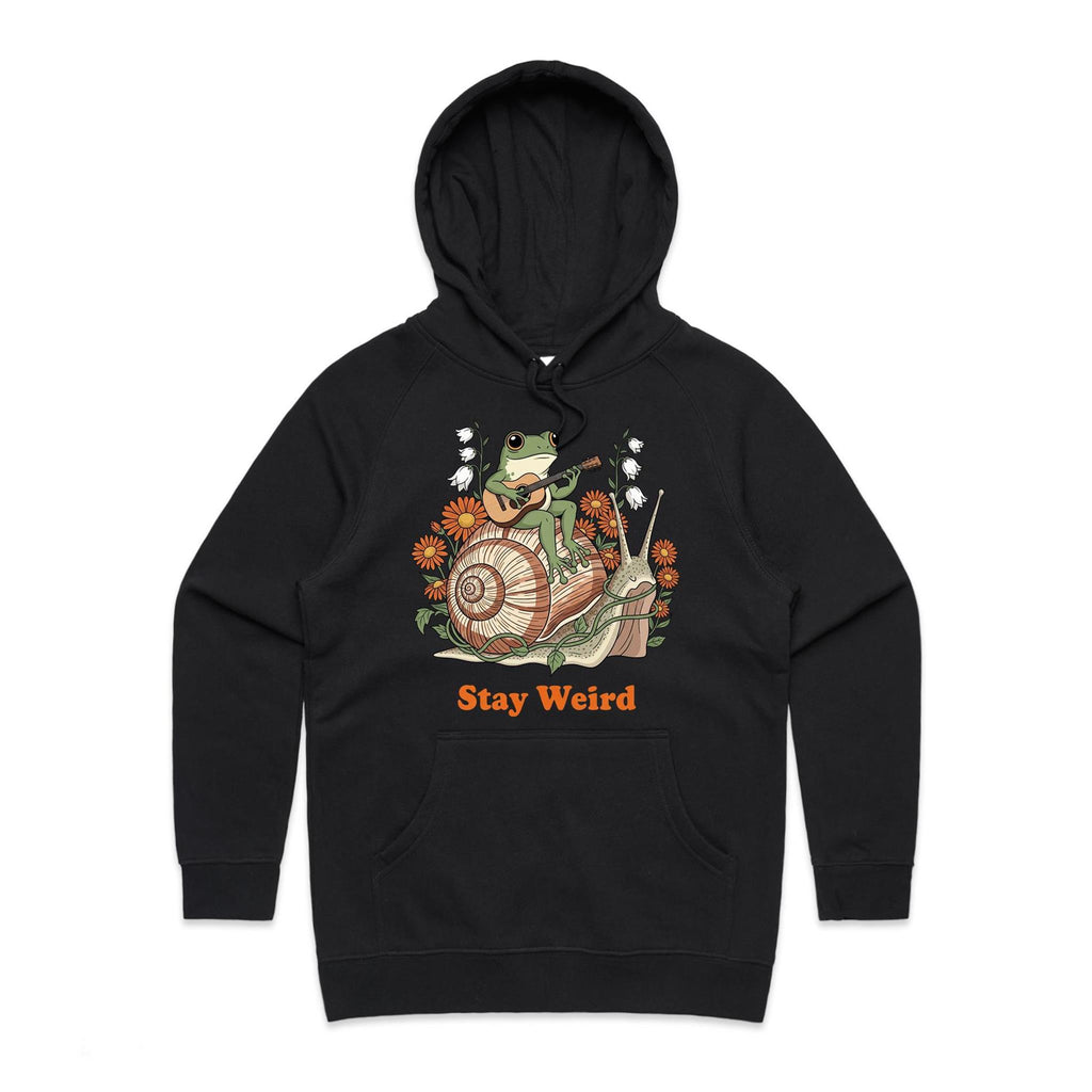 Stay Weird, Guitar Playing Frog On A Snail Women's AS Colour Hoodie Black Womens Hoodie animal Music Printed In Australia