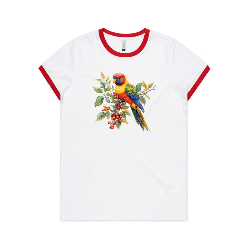 Lorikeet, Australian Birds Women's AS Colour Ringer Tee White Red Womens Ringer T-shirt animal Birds Printed In Australia