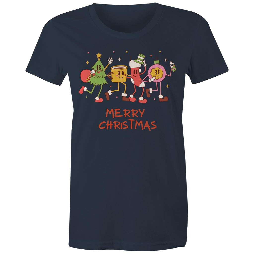 Crazy Christmas Characters - Womens T-shirt Navy Womens Christmas T-shirt Christmas Printed In Australia
