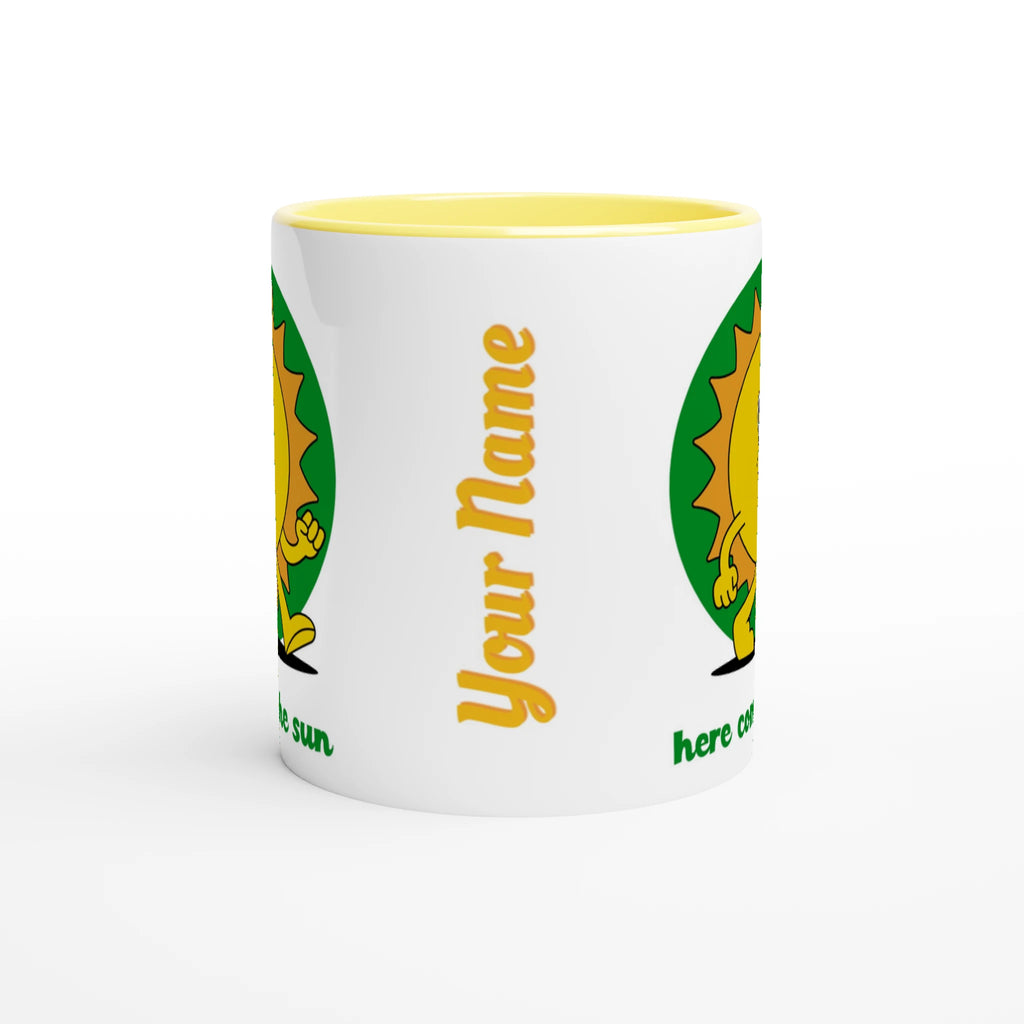 Personalised - Here Comes The Sun - White 11oz Ceramic Mug with Colour Inside Personalised 11oz Mug customise Globally Fulfilled personalise Retro Summer