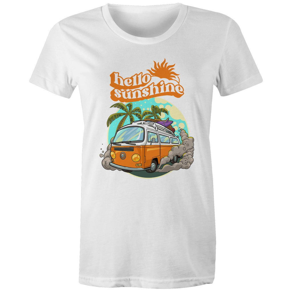 Hello Sunshine, Beach Van - Womens T-shirt White Womens T-shirt Printed In Australia Summer Surf
