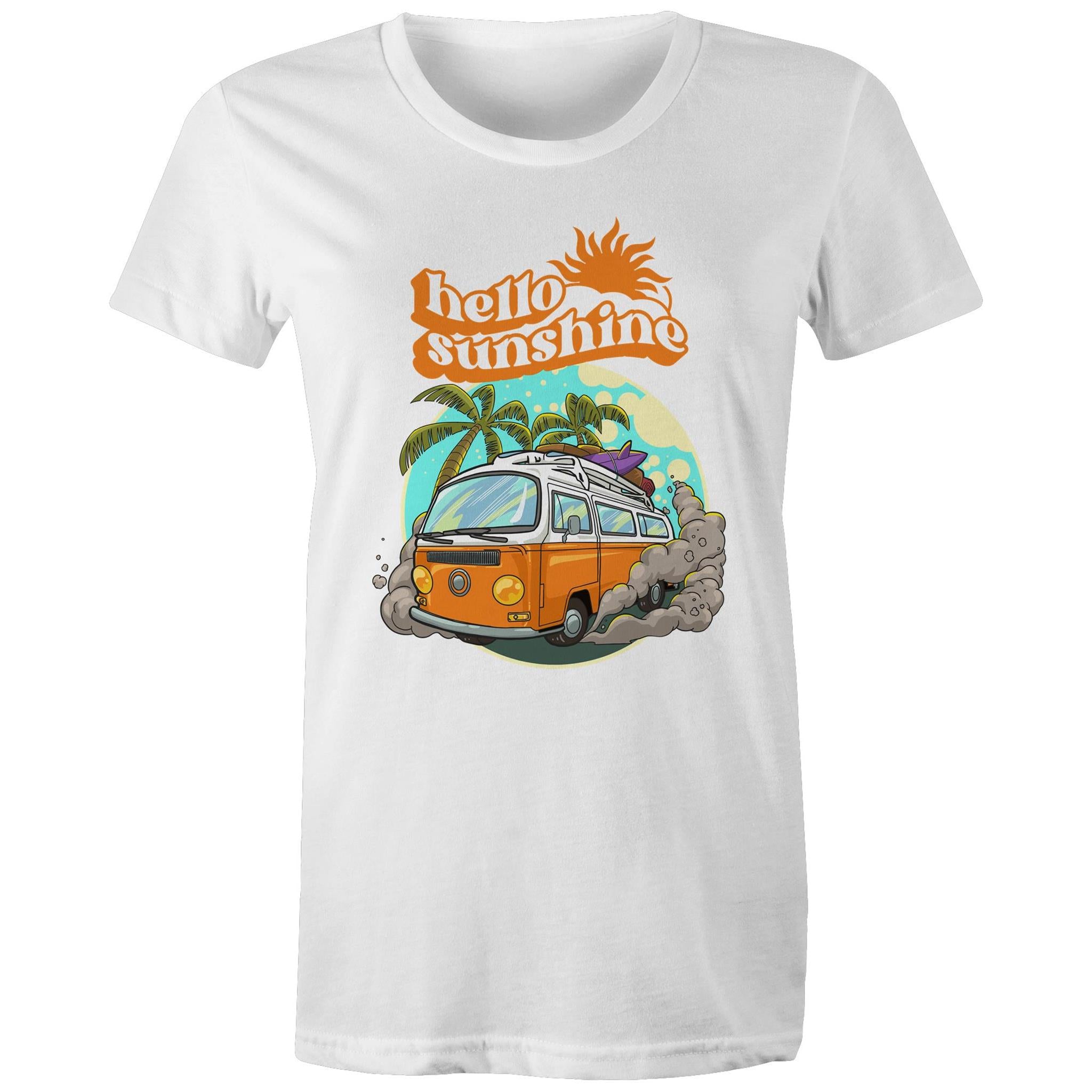 Hello Sunshine, Beach Van - Womens T-shirt White Womens T-shirt Printed In Australia Summer Surf