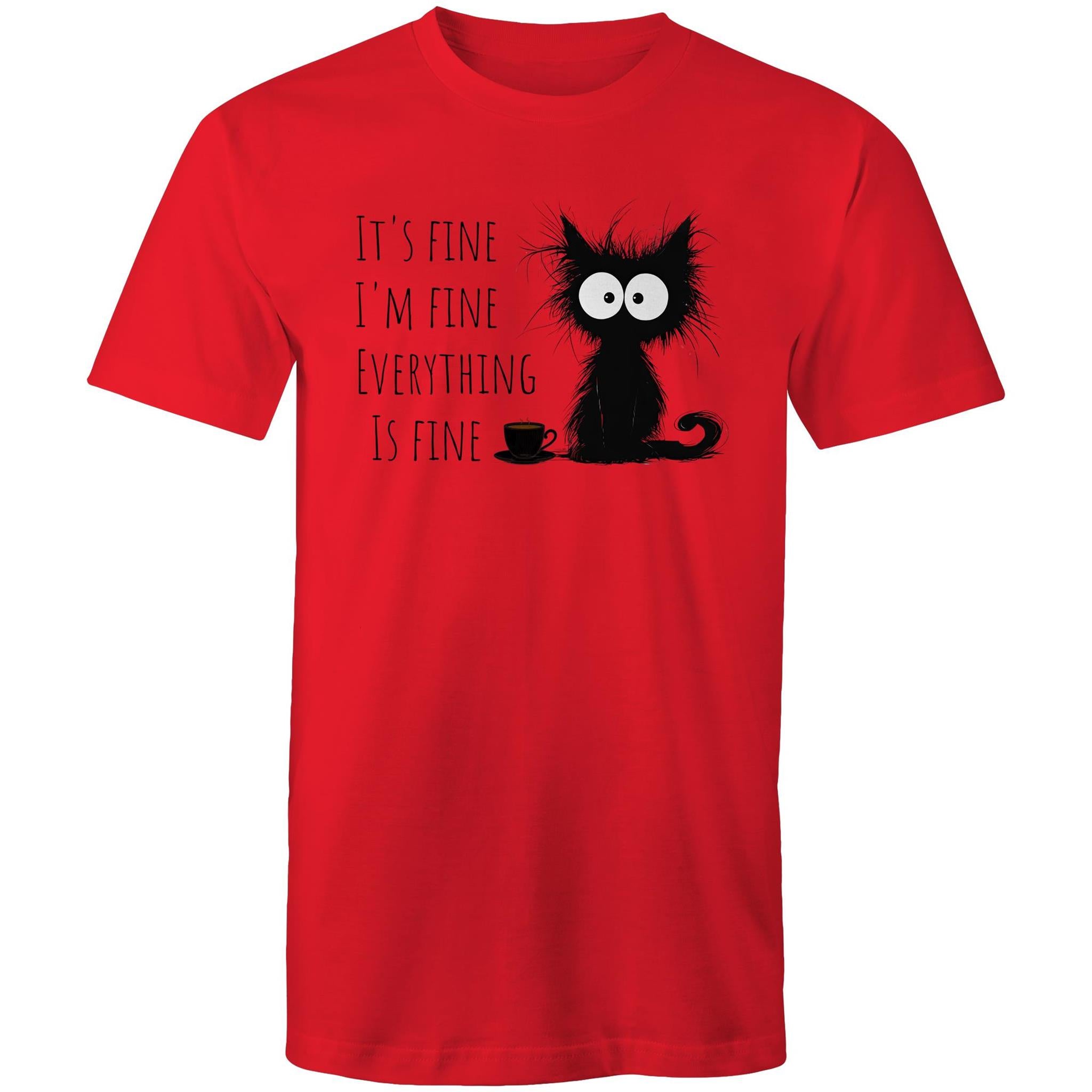 It's Fine, I'm Fine, Frazzled Cat - Mens T-Shirt Red Mens T-shirt animal Printed In Australia