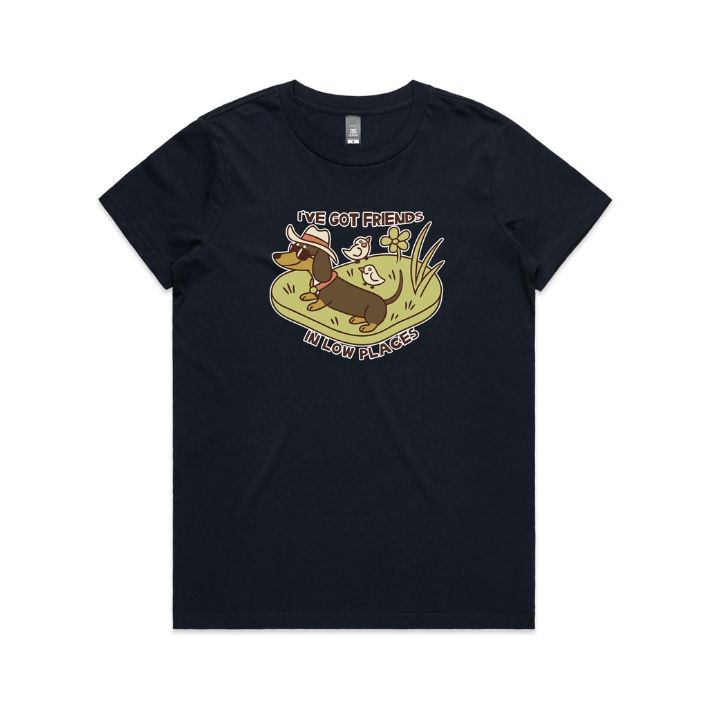 Dachshund, I've Got Friends In Low Places Women's AS Colour T-shirt Navy Womens T-shirt animal Printed In Australia
