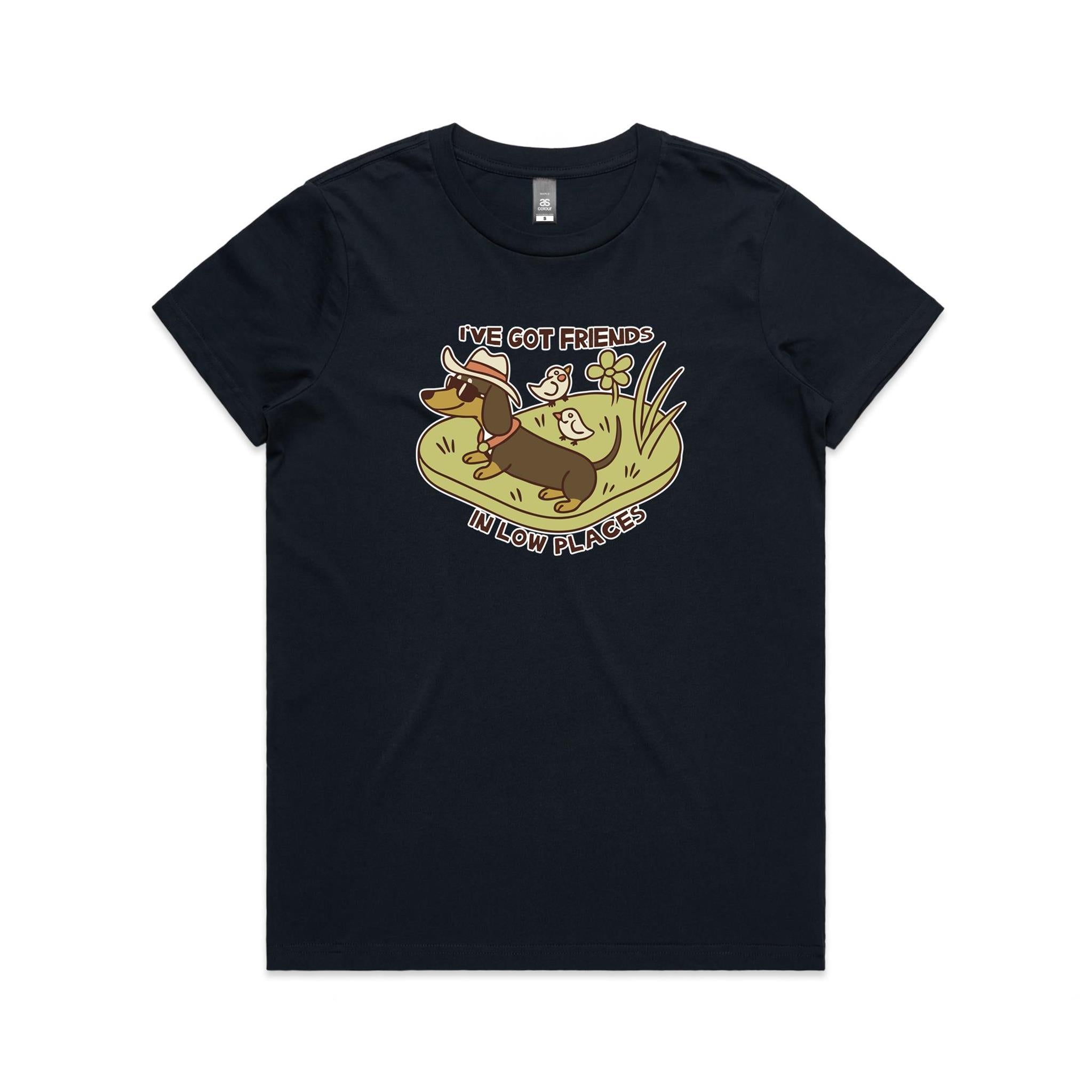 Dachshund, I've Got Friends In Low Places Women's AS Colour T-shirt Navy Womens T-shirt animal Printed In Australia