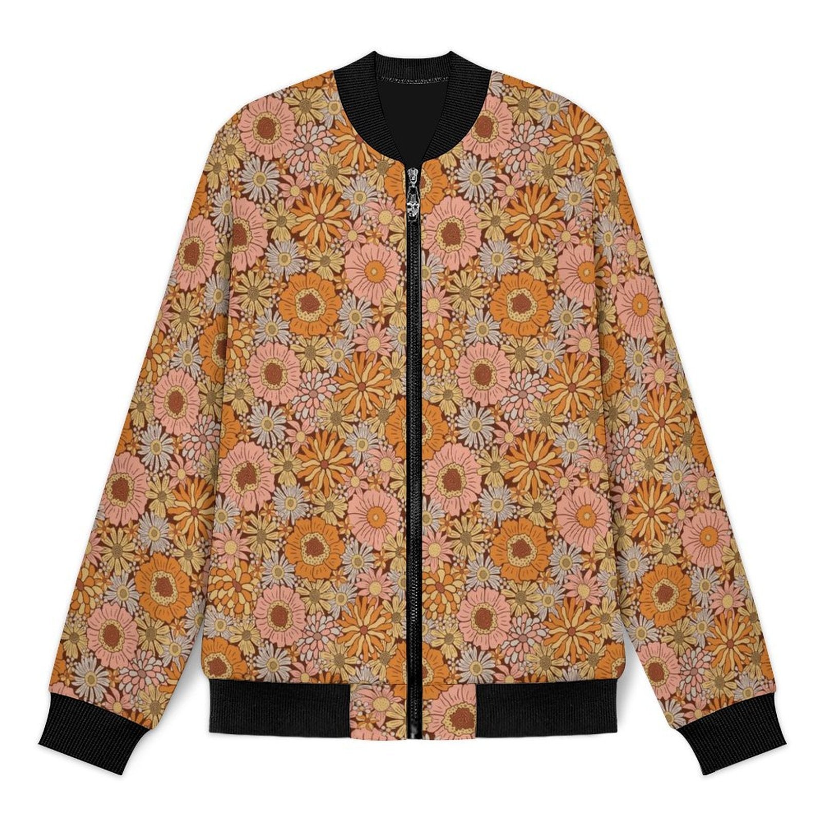 Orange Retro Floral Men's Casual Zip‑Up Bomber Jacket