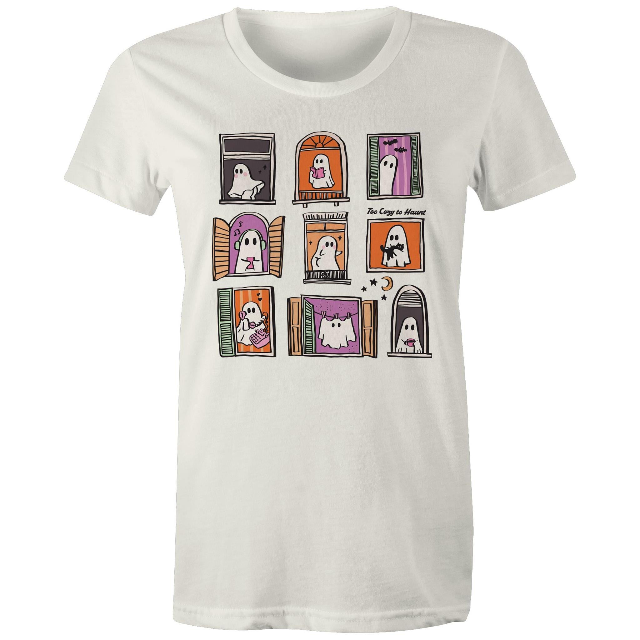 Ghosts In Windows - Womens T-shirt Natural Womens T-shirt Halloween Printed In Australia