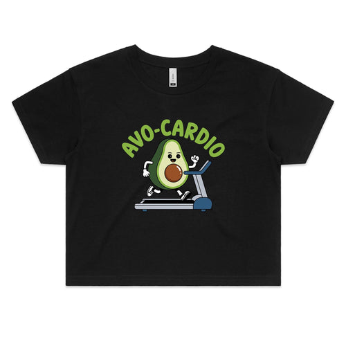 Avo Cardio Avocado Treadmill Women's AS Colour Crop Tee Black Womens Crop T-shirt Fitness Food Printed In Australia