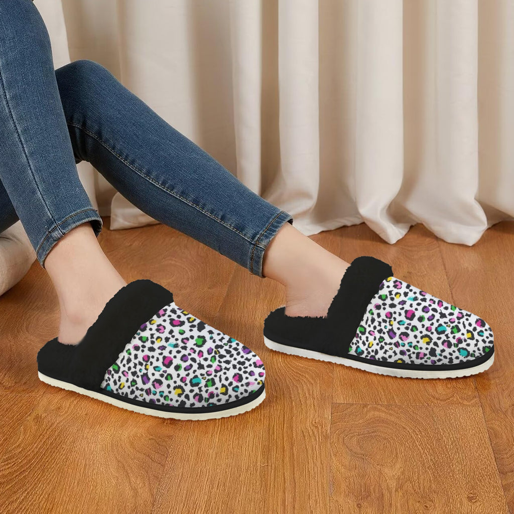 Animal Print In Colour Women's Fur Trim Thick-Sole Indoor Slippers Women's Fur Trimmed Slippers animal Printed Offshore