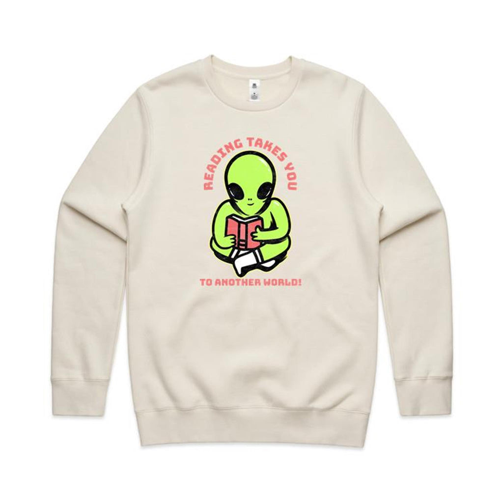 Reading Takes You To Another World, Alien - AS Colour Stencil Crew Sweatshirt Ecru Sweatshirt Printed In Australia Reading Sci Fi