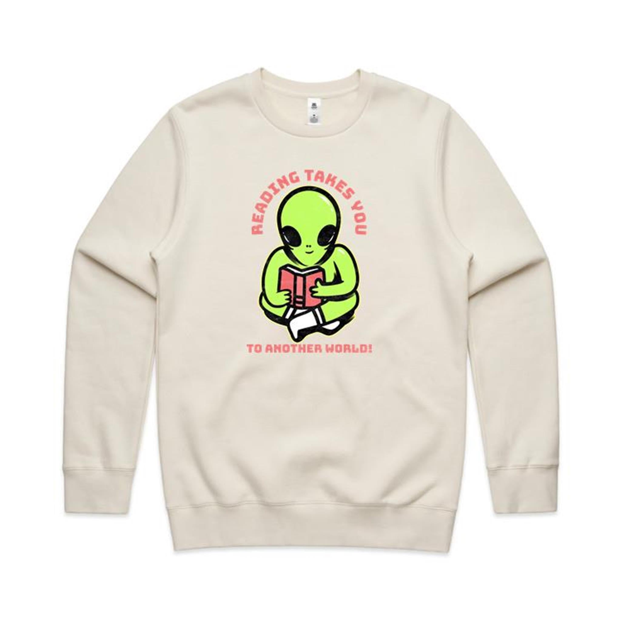 Reading Takes You To Another World, Alien - AS Colour Stencil Crew Sweatshirt Ecru Sweatshirt Printed In Australia Reading Sci Fi