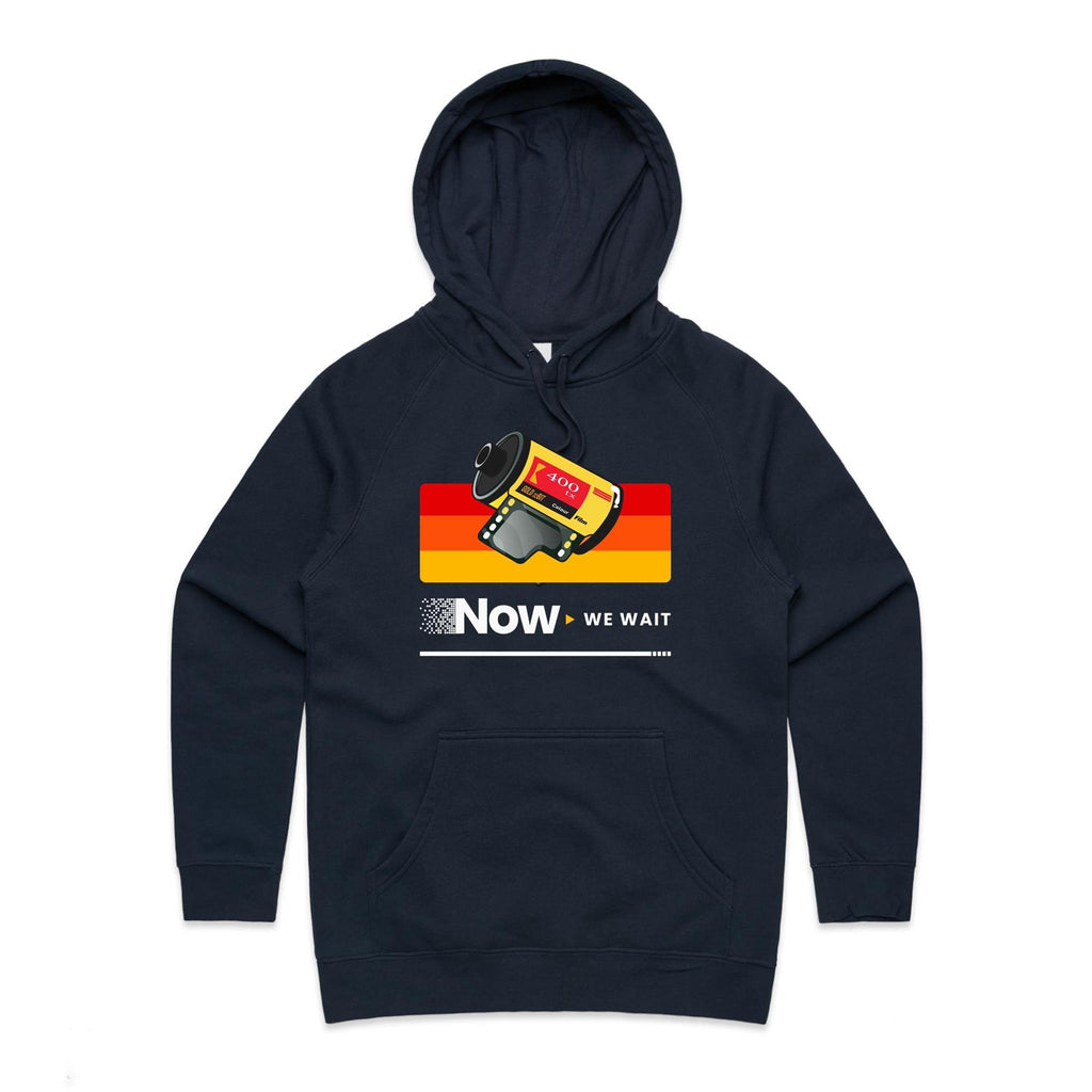 Camera Film, Now We Wait Women's AS Colour Hoodie Navy Womens Hoodie Printed In Australia Retro