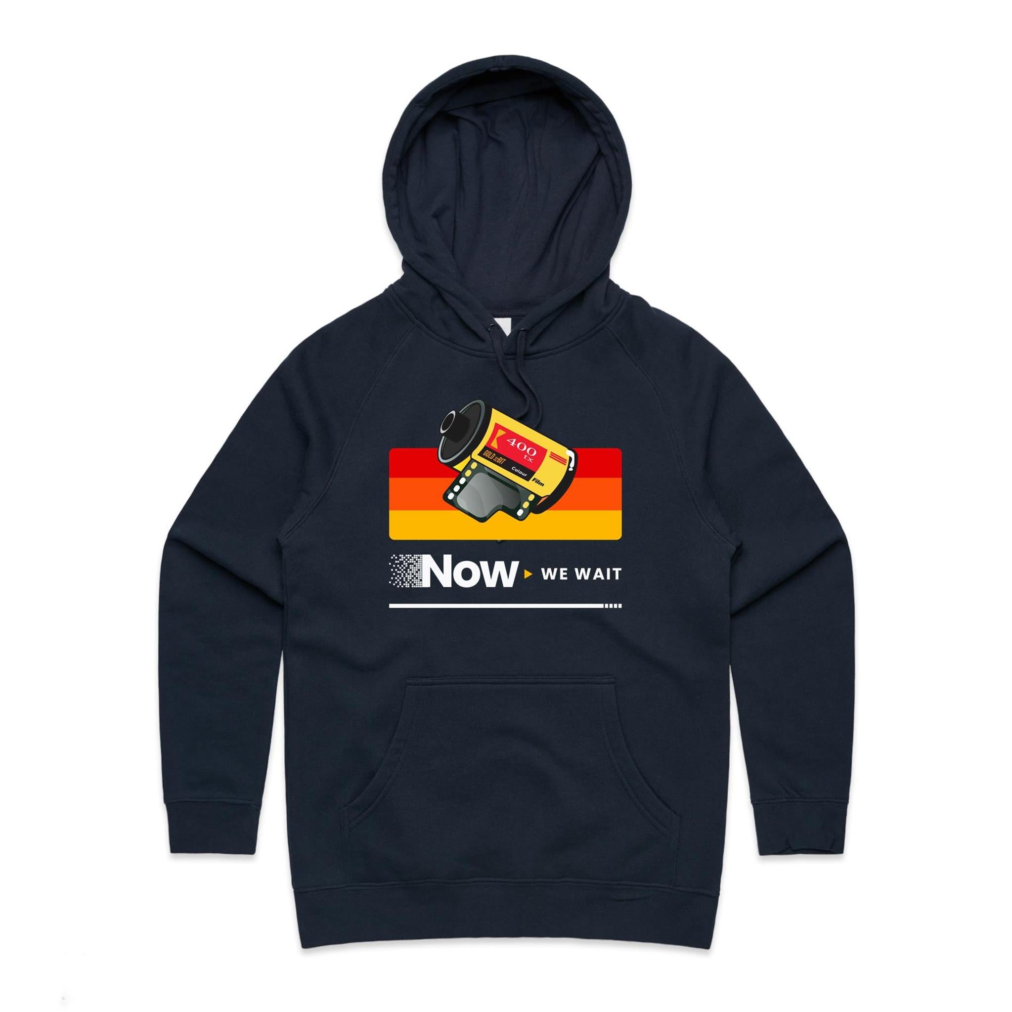 Camera Film, Now We Wait Women's AS Colour Hoodie Navy Womens Hoodie Printed In Australia Retro