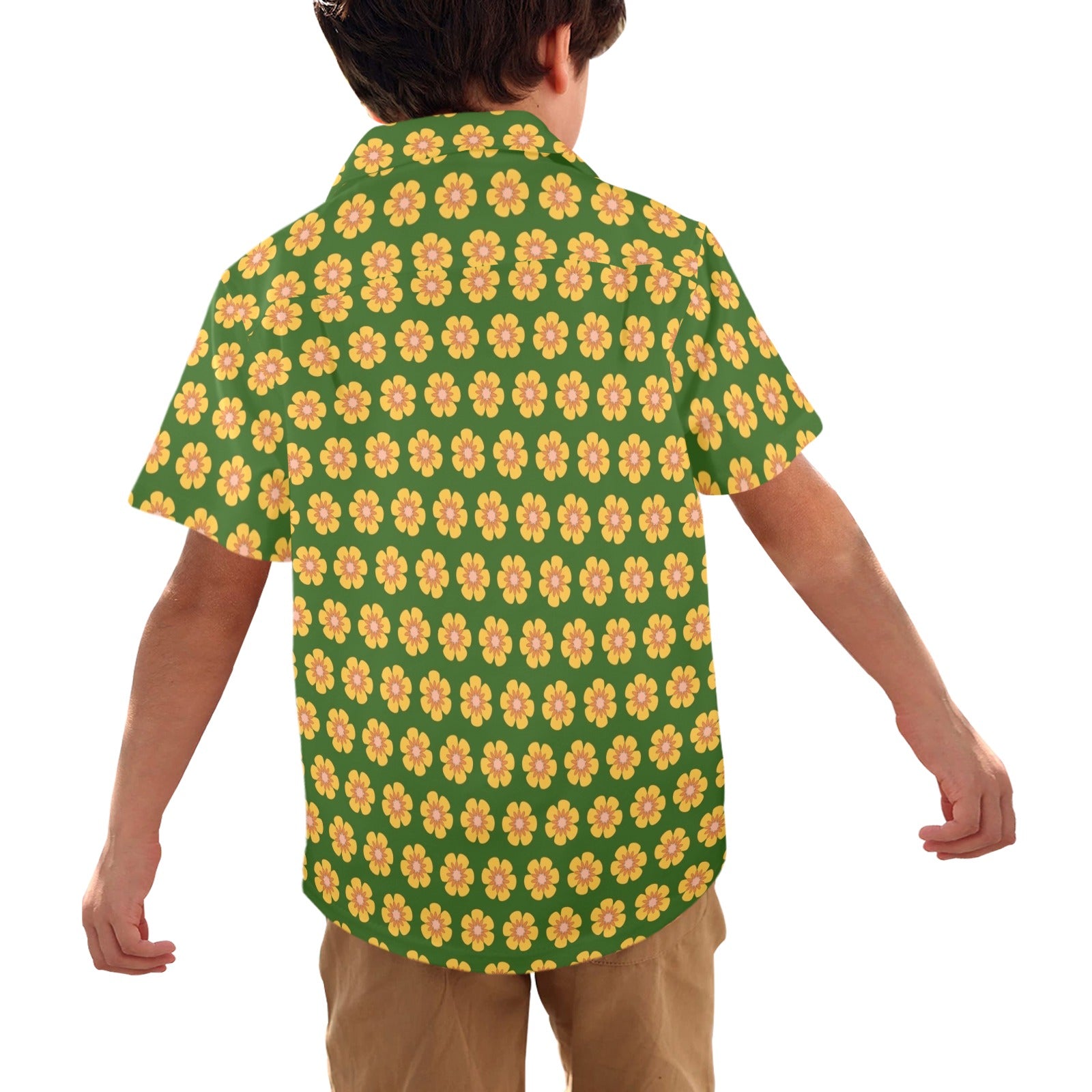 Yellow Flowers On Green Junior Kids Hawaiian Shirt