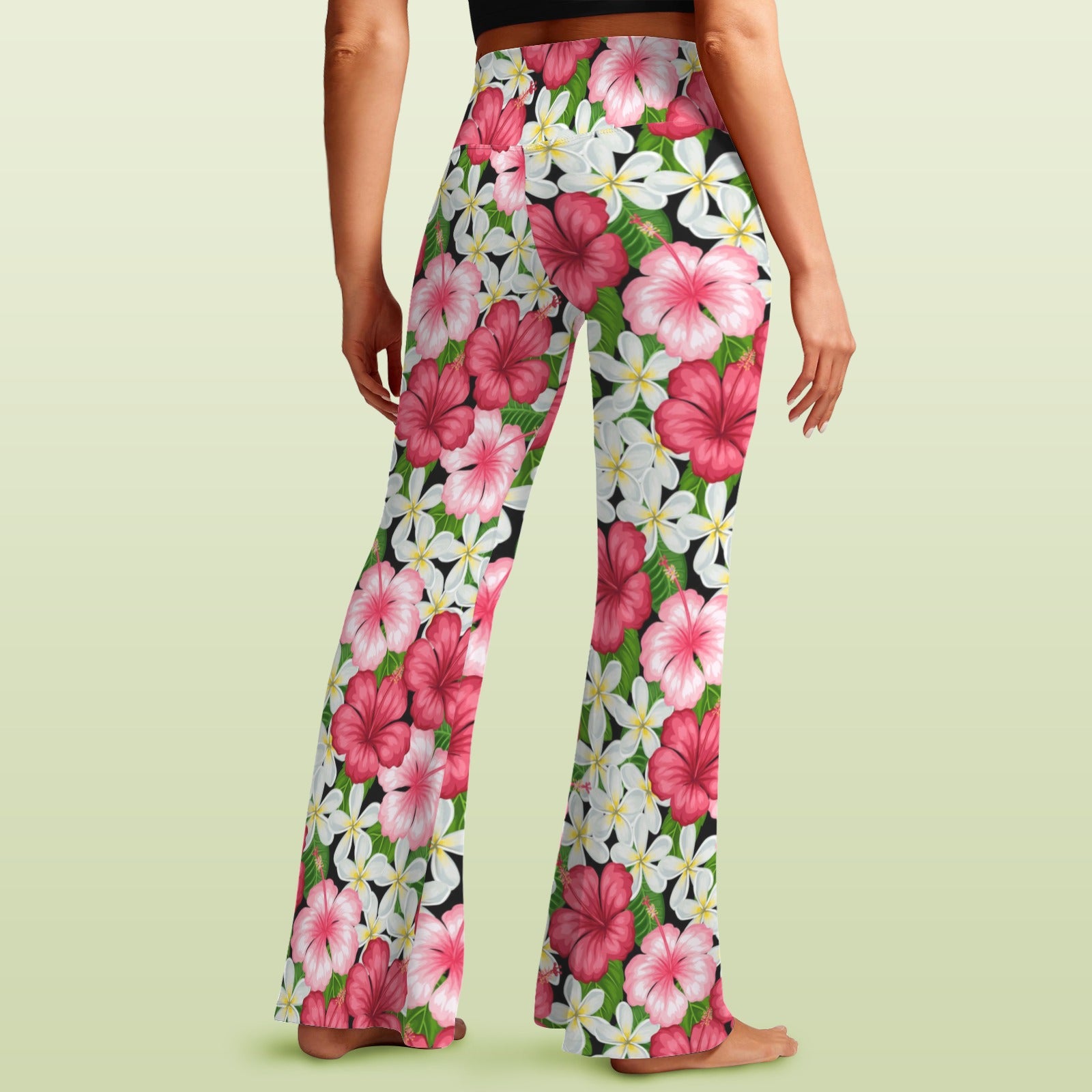 Hibiscus High Waist Crossover Tummy Control Flare Leggings High Waist Flare Leggings Plants Printed Offshore
