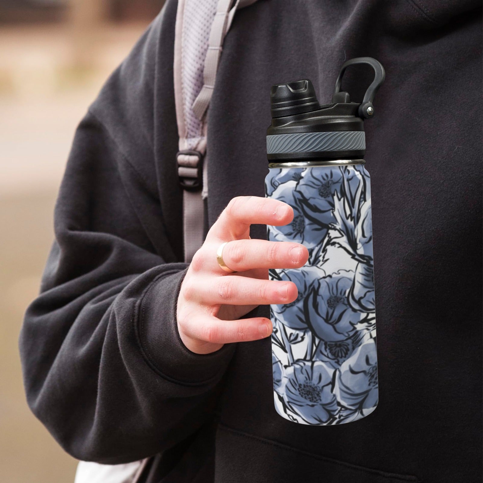 Blue And White Floral - Insulated Water Bottle with Dual-Use Lid (18oz) Insulated Water Bottle with Dual-Use Lid (18oz) Plants Printed Offshore
