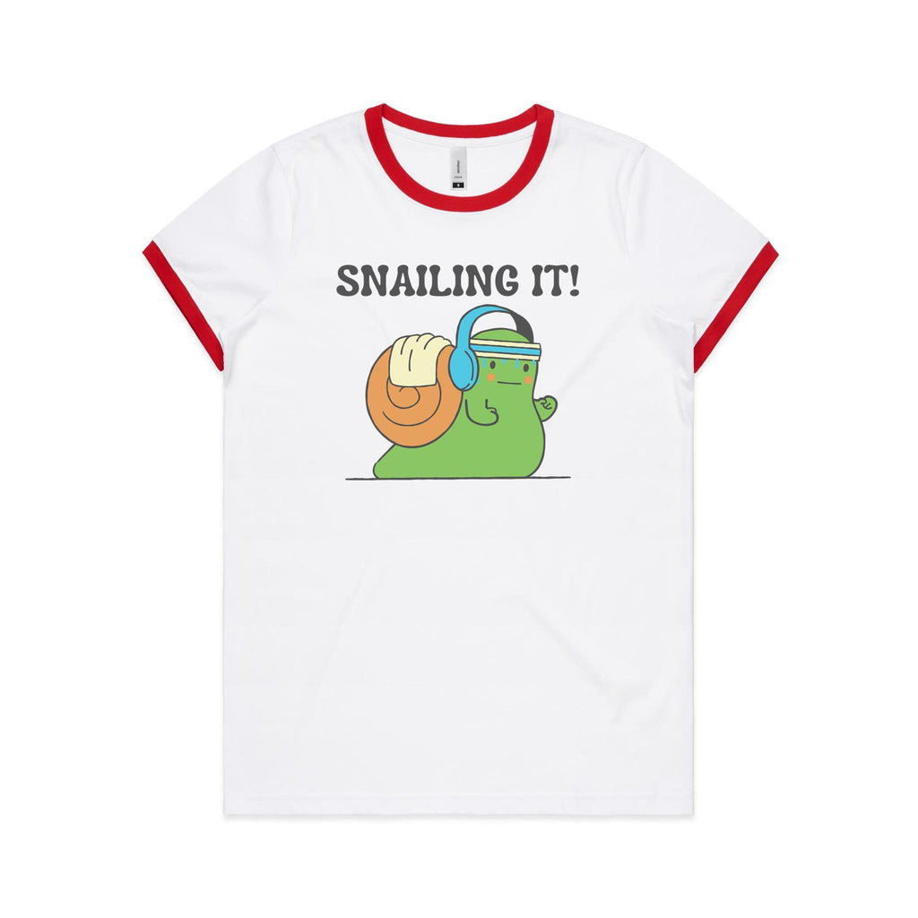 Snailing It - Women's Ringer Tee White Red Womens Ringer T-shirt animal Fitness Printed In Australia