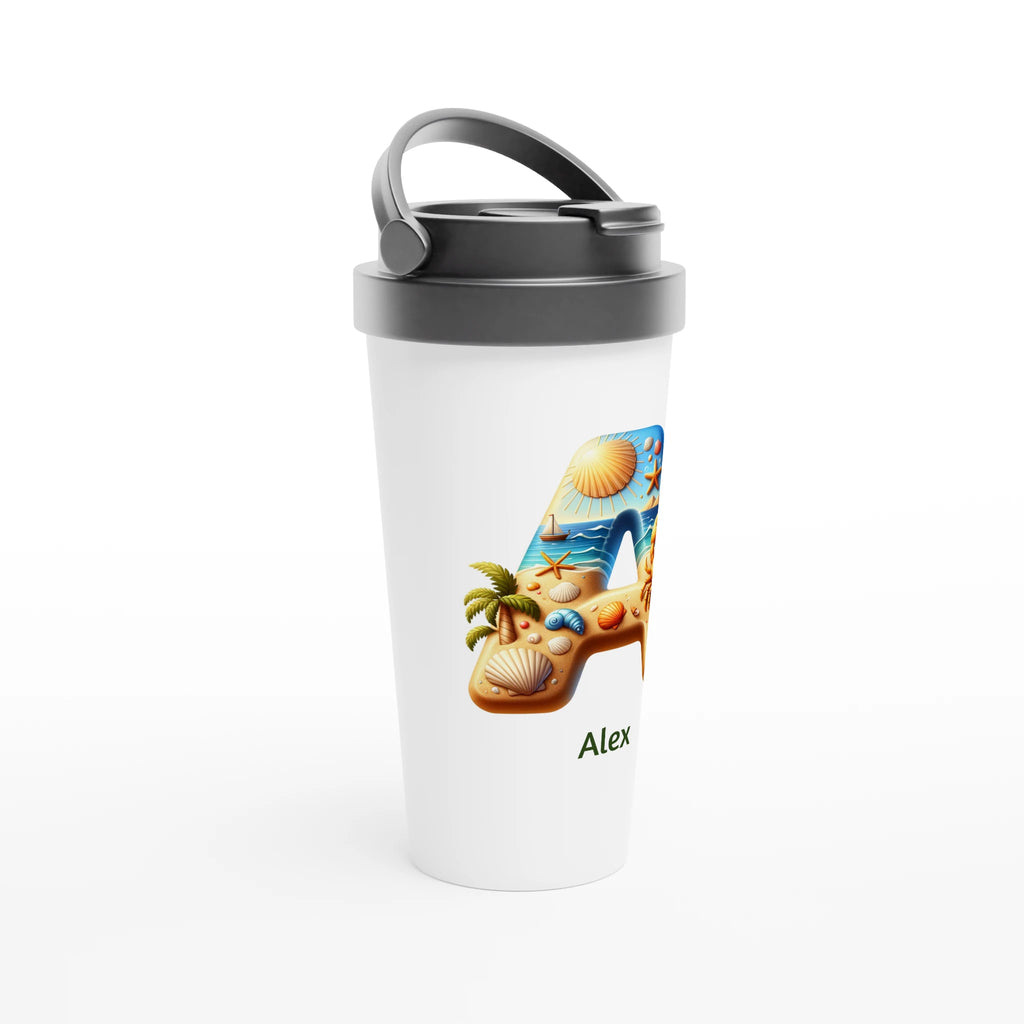 Summer Beach Initials - White 15oz Stainless Steel Travel Mug Personalised Travel Mug Customise Personalise