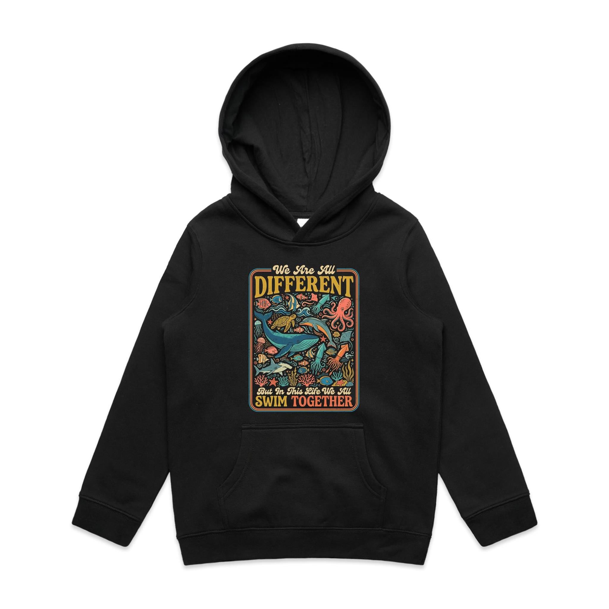 We Are All Different, But We All Swim Together - Kid's AS Colour Hoodie Black Kids Hoodie animal Ocean Positivity Printed In Australia