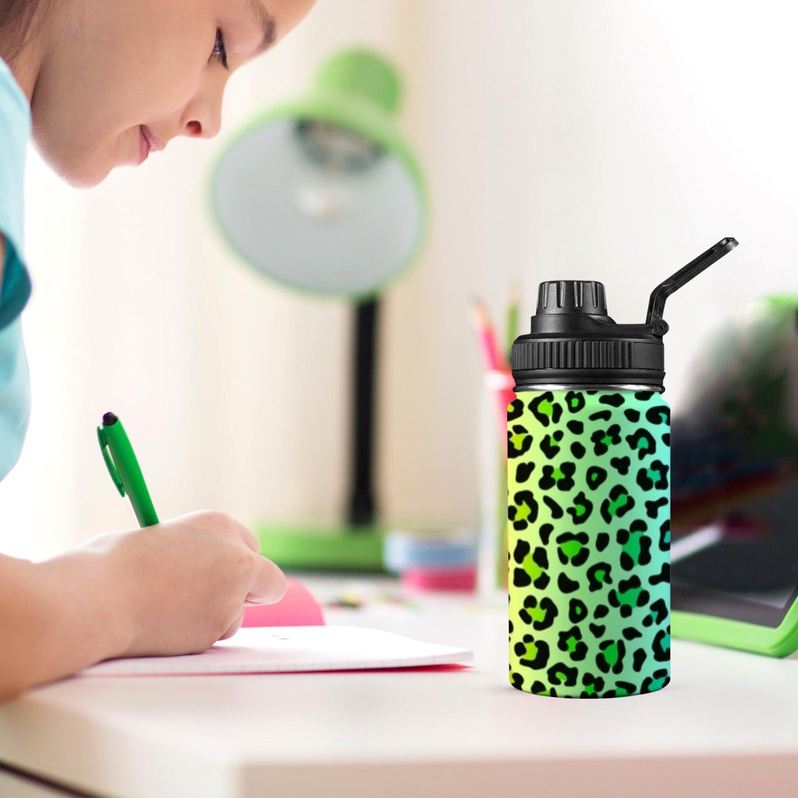 Rainbow Leopard Print - Kids Water Bottle with Chug Lid (12 oz)
