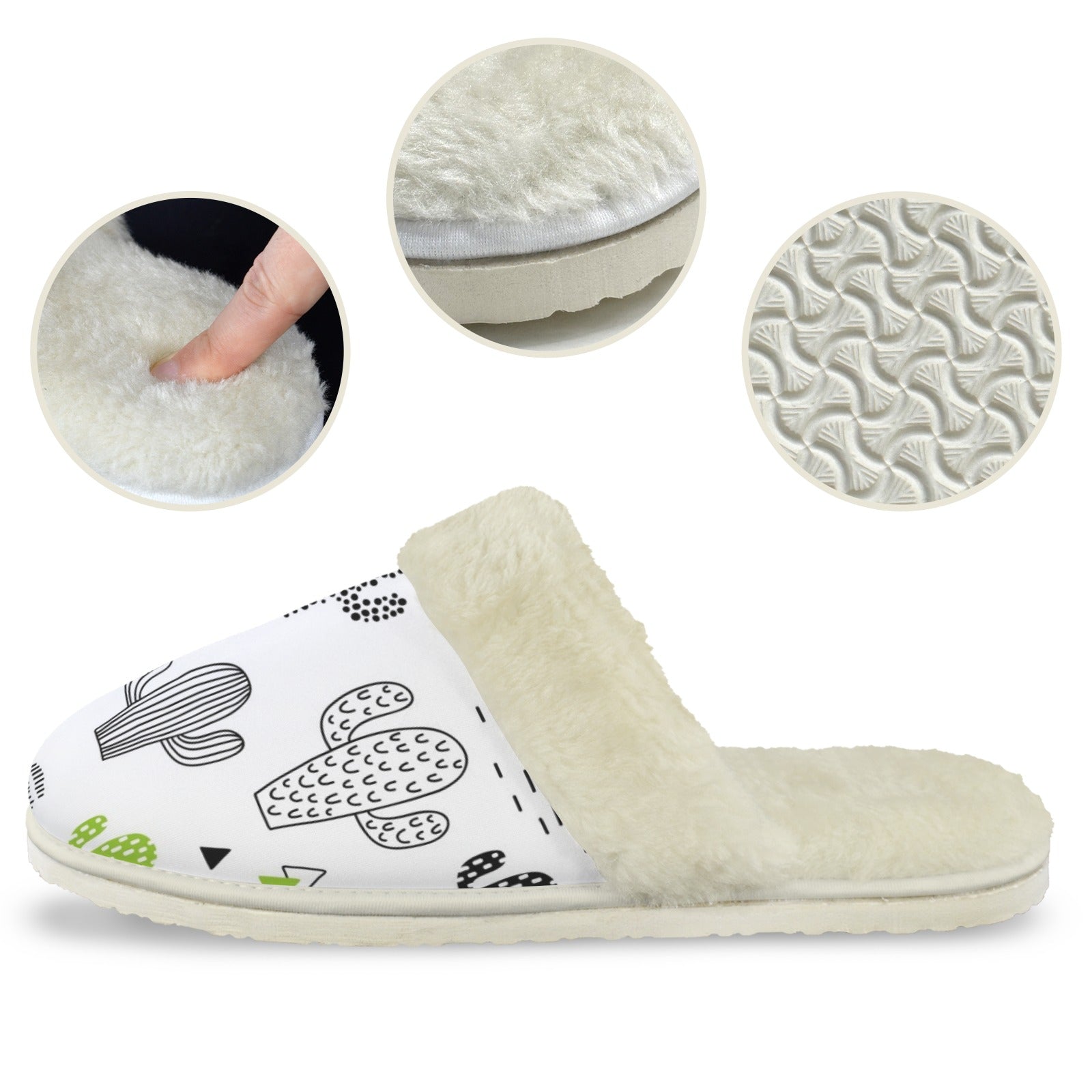 Cactus In Black And White Men's Fur Trim Thick-Sole Indoor Slippers Men's Fur Trimmed Slippers Plants Printed Offshore