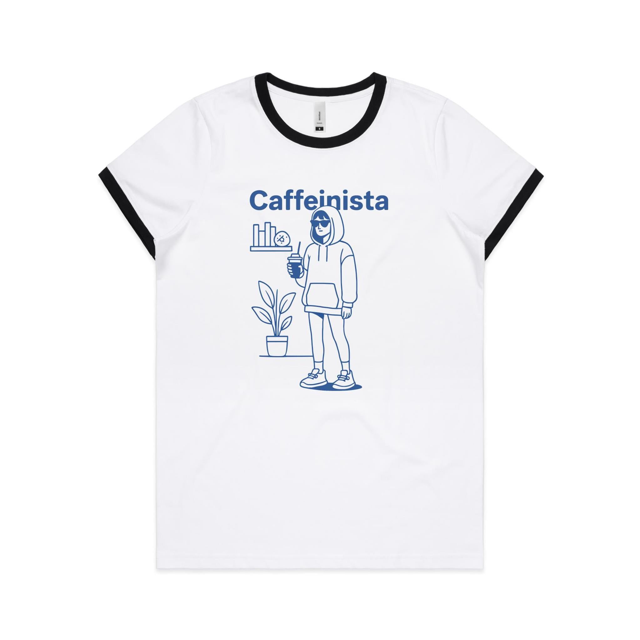 Caffeinista, Caffeine Women's AS Colour Ringer Tee White Black Womens Ringer T-shirt Coffee Printed In Australia