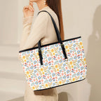 Boho Flowers And Leaves PU Leather Tote Bag Large Leather Tote Bag-Large Plants Printed Offshore