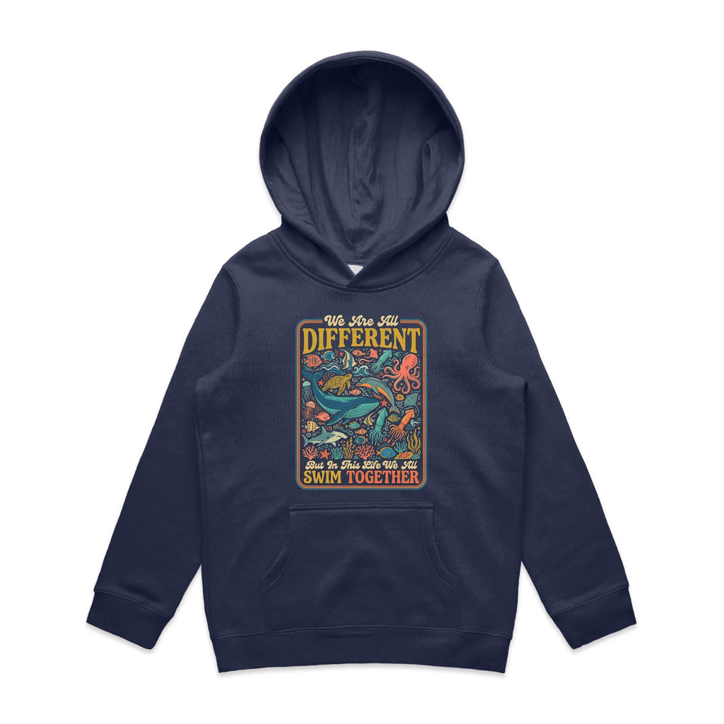 We Are All Different, But We All Swim Together Kid's AS Colour Hoodie Midnight Blue Kids Hoodie animal Ocean Positivity Printed In Australia