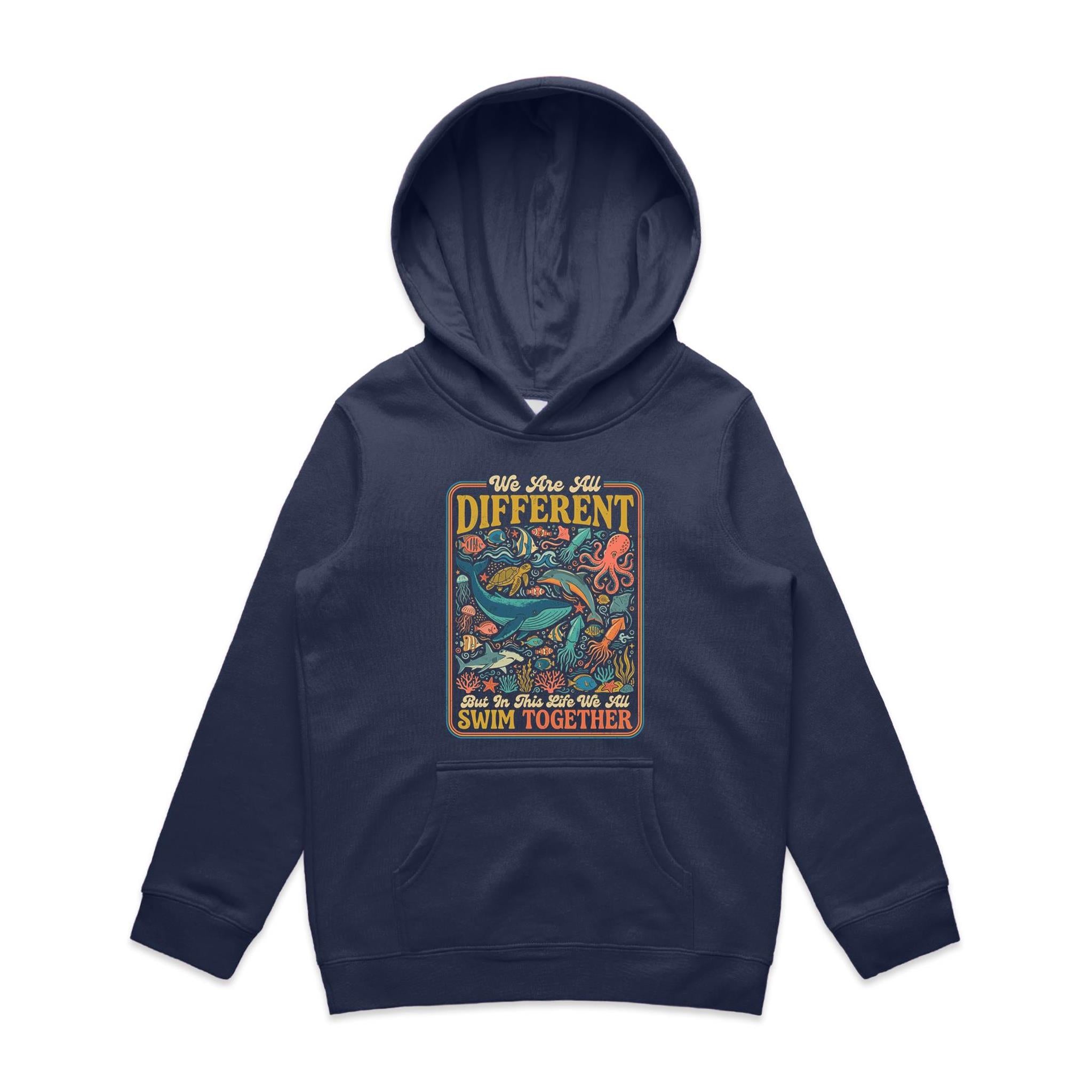 We Are All Different, But We All Swim Together - Kid's AS Colour Hoodie Midnight Blue Kids Hoodie animal Ocean Positivity Printed In Australia