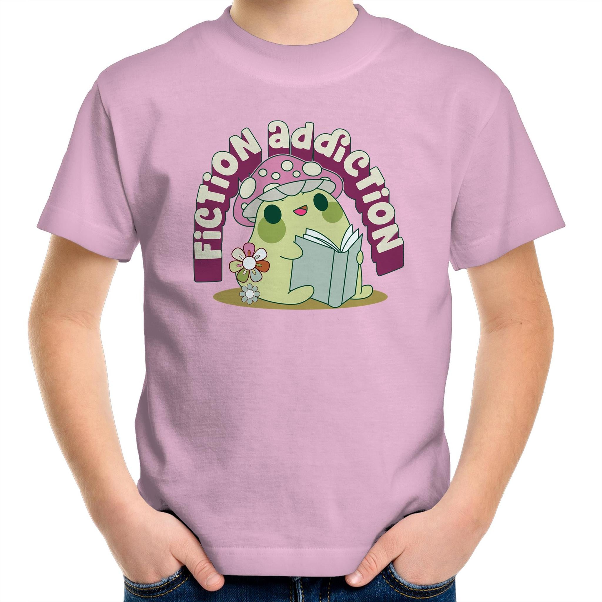 Fiction Addiction - Kids Youth T-shirt Pink Kids Youth T-shirt Printed In Australia Reading