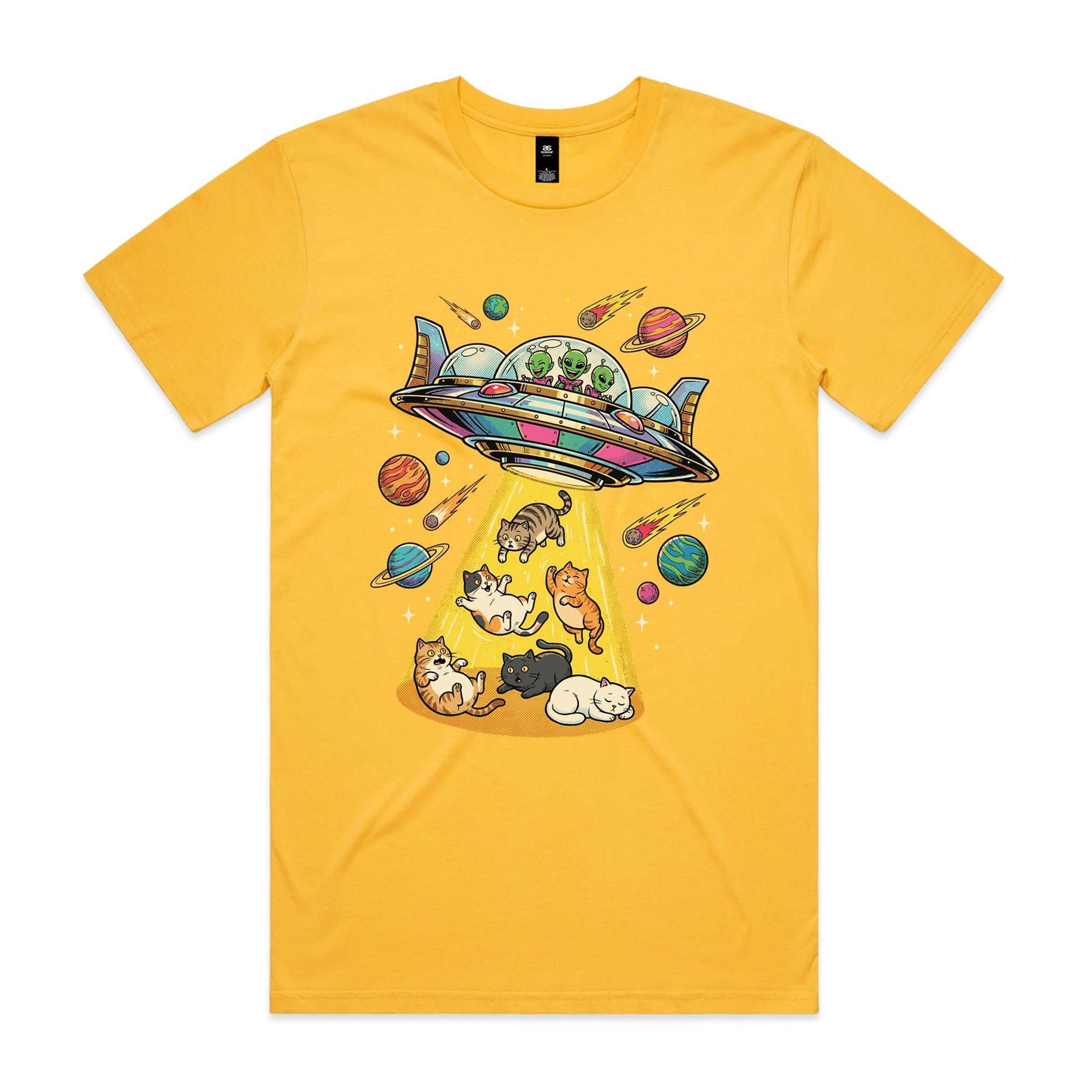UFO Cat Abduction - Men's AS Colour T-shirt Yellow Mens T-shirt animal Printed In Australia Sci Fi