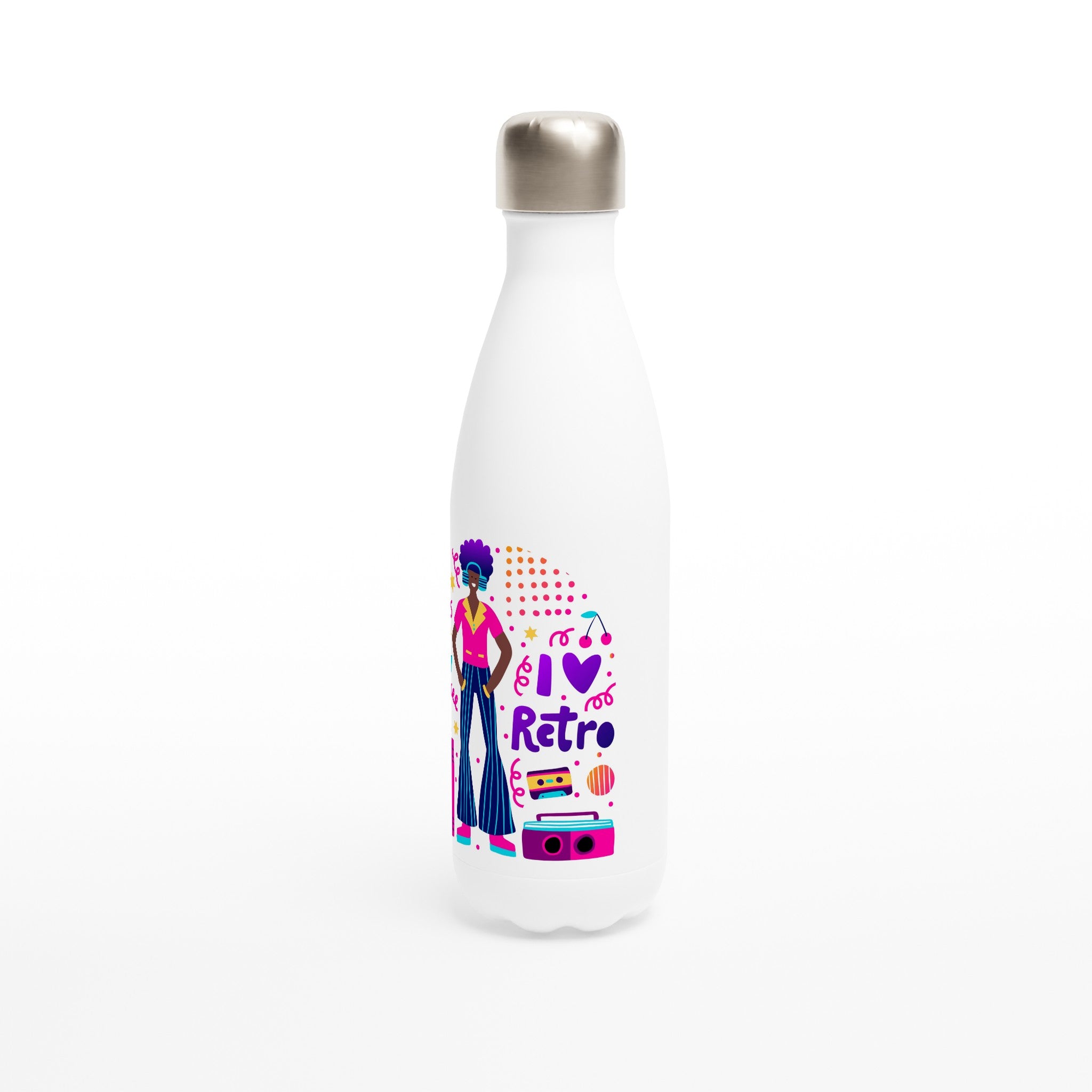 I Love Retro - White 17oz Stainless Steel Water Bottle White Water Bottle Globally Fulfilled Retro