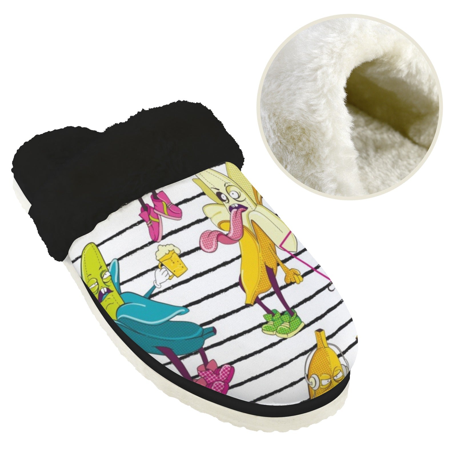 Ugly Bananas Men's Fur Trim Thick-Sole Indoor Slippers Men's Fur Trimmed Slippers Food Printed Offshore