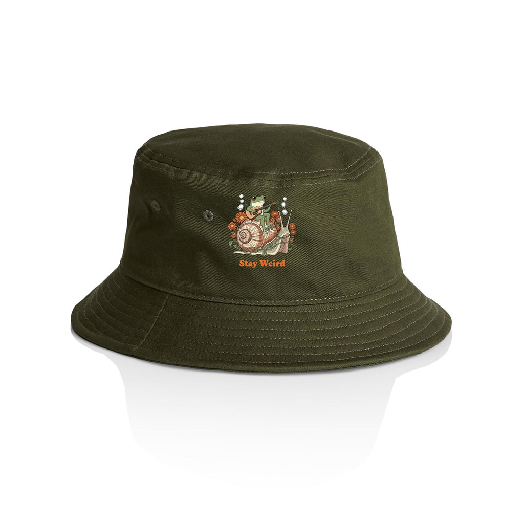 Stay Weird, Guitar Playing Frog On A Snail AS Colour Bucket Hat Army One Size As Colour Bucket Hat animal Music Printed In Australia