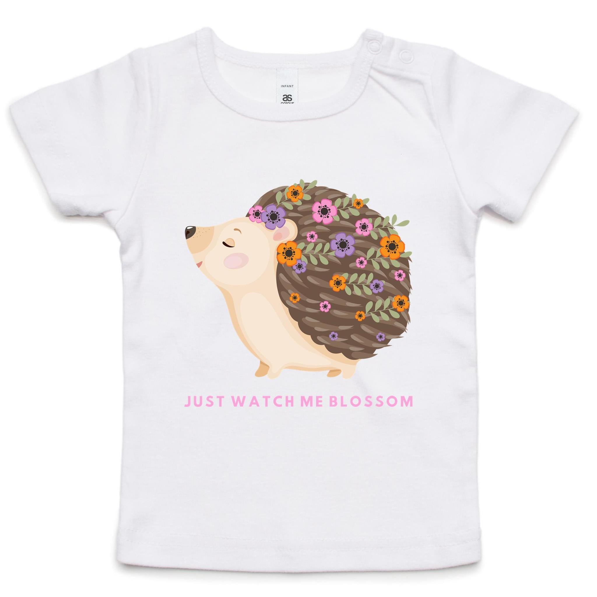 Flower Hedgehog, Just Watch Me Blossom - Baby T-shirt White Baby T-shirt animal Printed In Australia