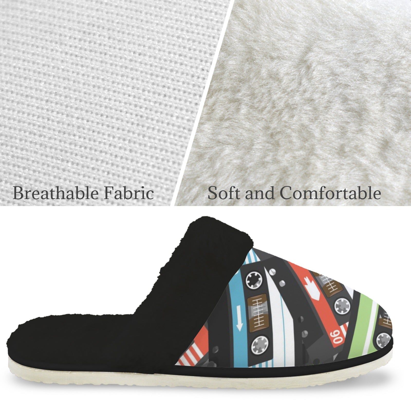 Cassette Tapes Women's Fur Trim Thick-Sole Indoor Slippers Women's Fur Trimmed Slippers Music Printed Offshore Retro
