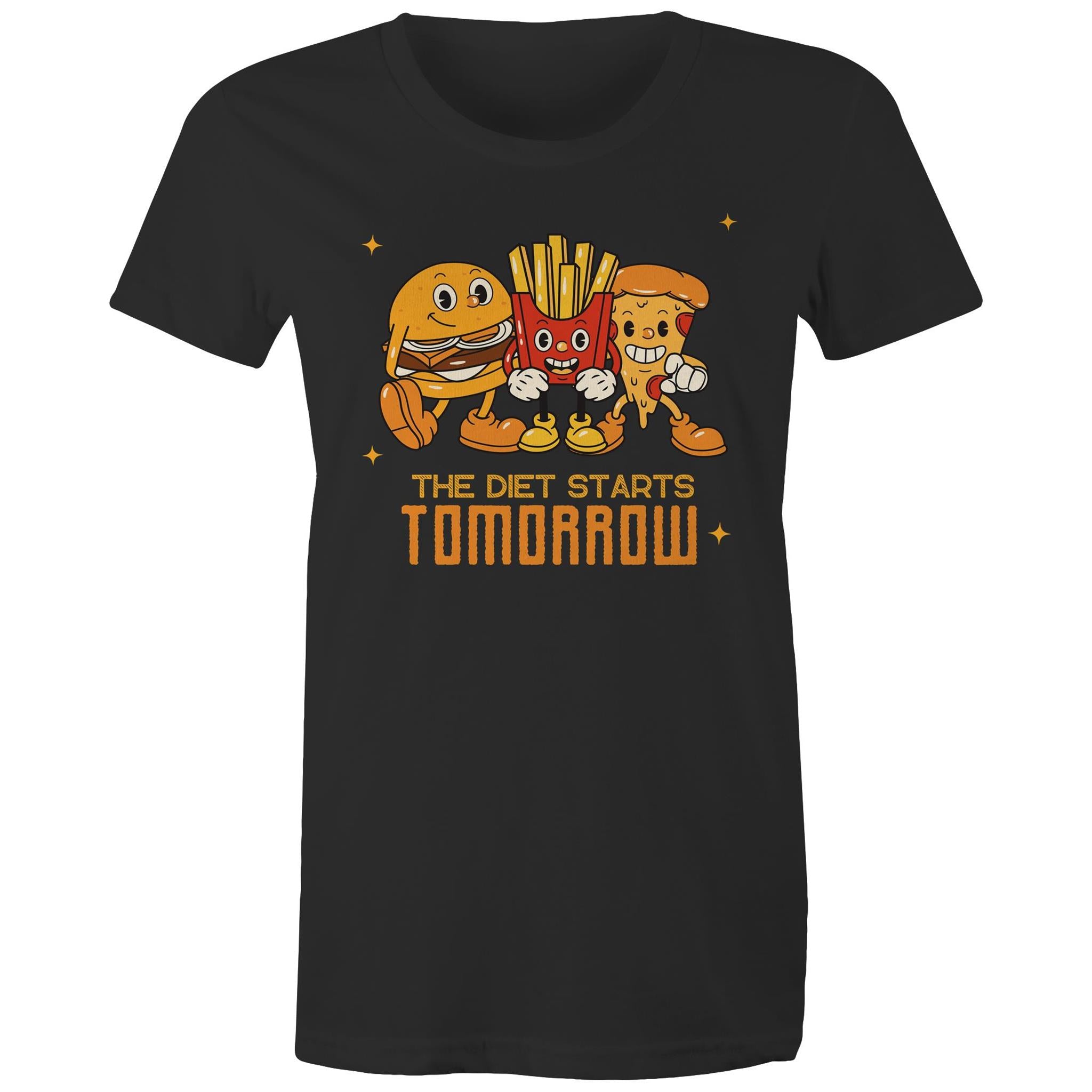 The Diet Starts Tomorrow, Hamburger, Fries, Pizza - Womens T-shirt Black Womens T-shirt Food Printed In Australia