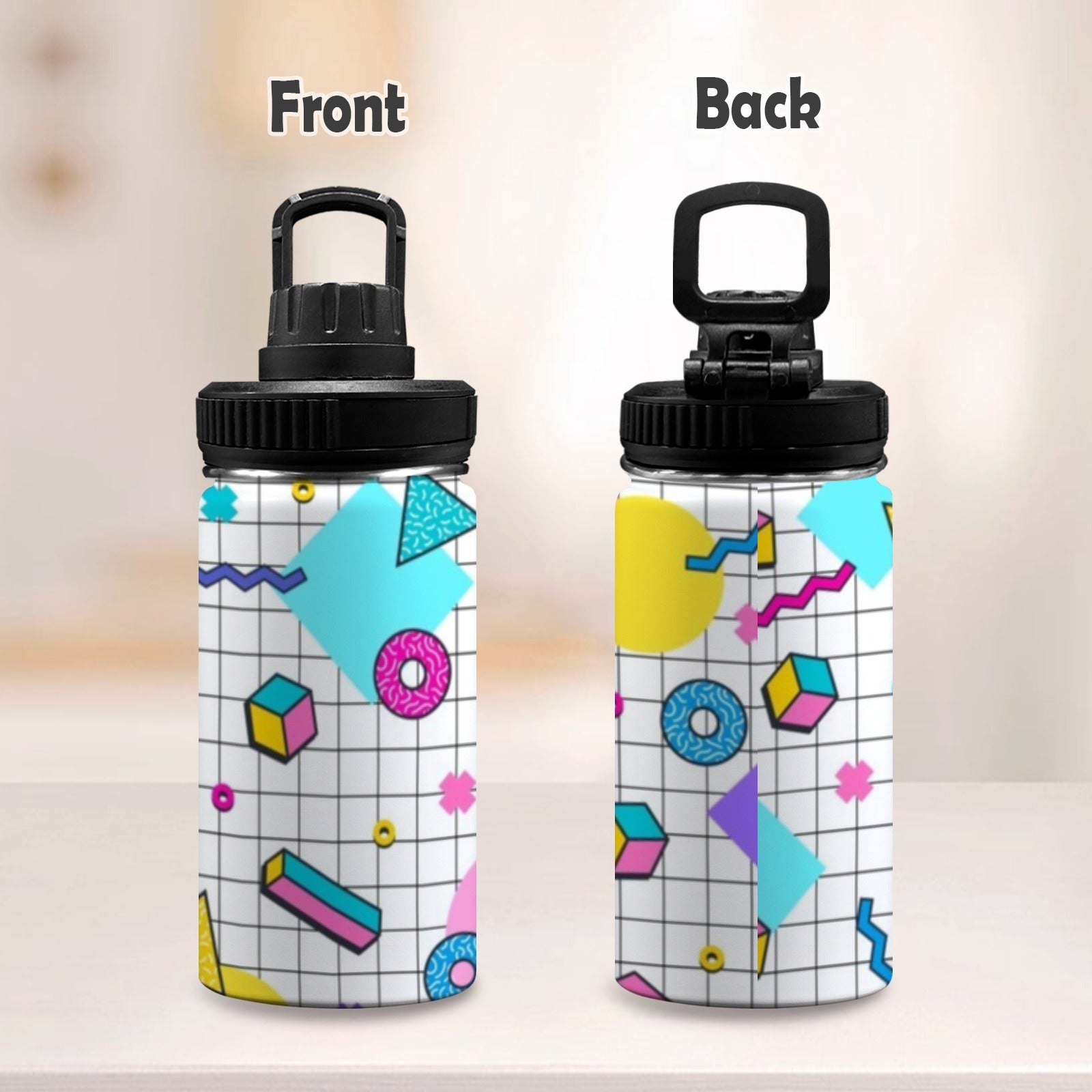 80's Grid - Kids Water Bottle with Chug Lid (12 oz)