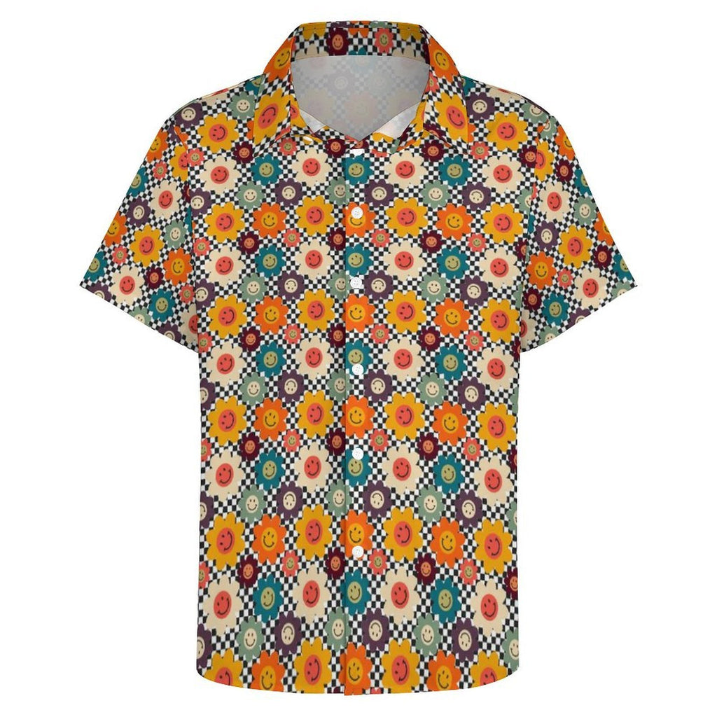 Happy Retro Flowers Women's Collared Pocketless Short Sleeve Shirt