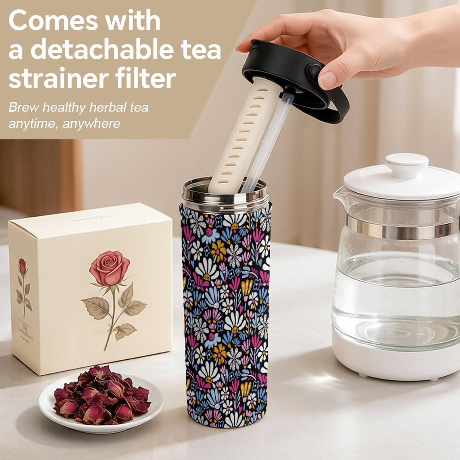 Graphic Flowers On Black 20oz Tea Tumbler with Carry Handle
