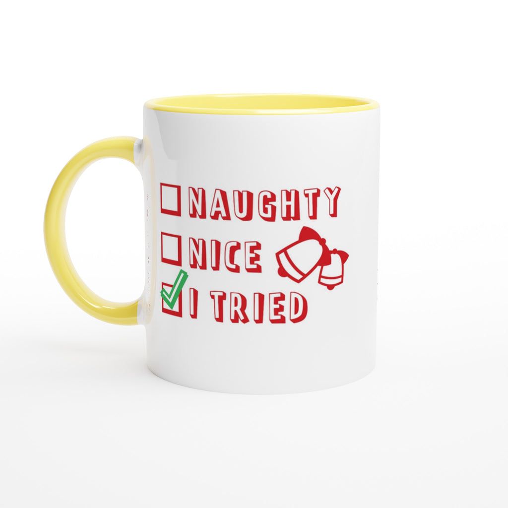 Santa's Christmas List, Naughty, Nice, I Tried - White 11oz Ceramic Mug with Color Inside Ceramic Yellow Christmas Colour Mug Christmas Globally Fulfilled