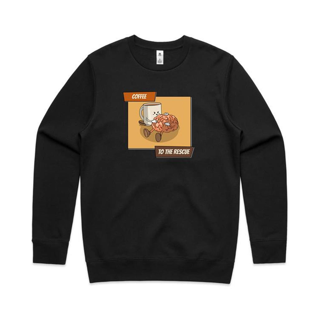Coffee To The Rescue - AS Colour Stencil Crew Black Sweatshirt Coffee Printed In Australia
